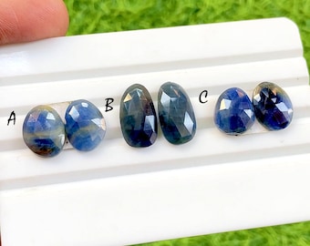 Natural Blue Sapphire Pair Rose Cut Loose Gemstone With Flat Back For Jewelry Making, AAA+ Blue Sapphire Pairs For Earrings - 34350-34352
