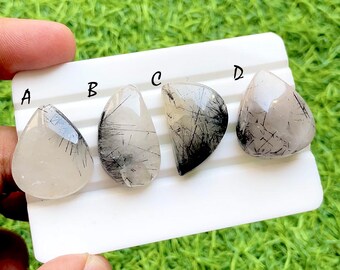 Midnight Needle Rutilated Quartz Cabochon For Wire Wrap, Natural Black Tourmalinated Quartz Pear & Fancy Shape Loose Gemstones - 36076-36079