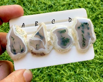Forest Veil Moss Agate Slice Loose Cabochon, Natural Raw Edge Green Inclusion Stone, Organic Designer Gemstone For Jewelry - 37439-374442