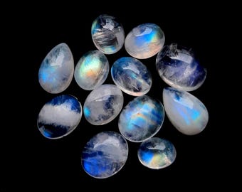 Selected Rainbow Moonstone Cabochon 12 Pieces Lot For Jewelry Making | Size : 8-12 MM | AAA+ Natural Rainbow Moonstone With Flatback - 28792