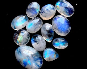 Rainbow Moonstone Cabochon  Loose Gemstone 12 Pieces Lot With Flat Back Gemstone Cabochon For Jewelry Making 18691