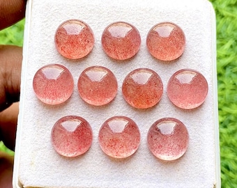 Pink Strawberry Quartz 12 MM Round Shape Smooth Cabochon Gemstone 10 Pieces Lot With Flat Back For Handmade Jewelry
