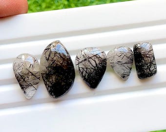 Black Rutile Quartz Cabochon Loose Gemstone 5 Pieces Lot For Jewelry Making | Size : 23-14 MM | AAA+ Natural Black Rutile Quartz - 32815