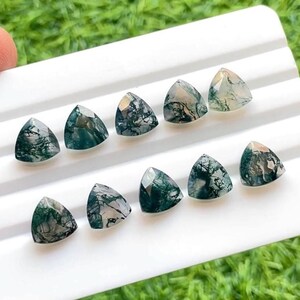 SELECTED Moss Agate 10 MM Faceted Trillion Shape With Pointed Back Gemstone 10 Pieces Lot For Jewelry Making,Moss Agate For Handmade Jewelry