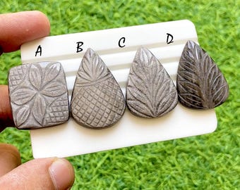 Hand Carved Silver Obsidian Loose Gemstone Cabochon, Mughal Art Carving Natural Gemstones, Carving Cabochon For Jewelry Making - 38273-38276