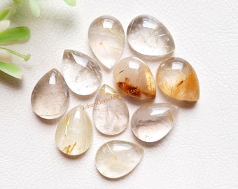 Golden Rutile Pear Cabochon Gemstone With Flat Back 10 Pieces Lot | Size : 10X14 MM | AAA+ Golden Rutile Round Used For Jewelry Making