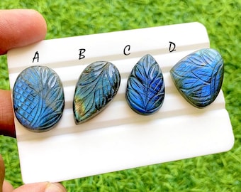 Hand Carved Blue Labradorite Loose Gemstone Cabochon, Mughal Art Carving Natural Gemstones, Carving Cabochon For Jewelry Making -38287-38290