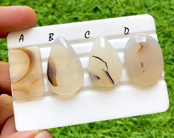 Rare Natural Dendritic Agate Loose Cabochon, Milky White Scenic Gemstone With Natural Inclusion, Unique Designer Jewelry Stone - 37610-37613