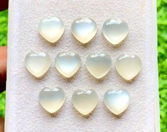 White Moonstone 10 MM Heart Shape Smooth Cabochon Gemstone 10 Pieces Lot, AAA+ Natural White Moonstone With Flat Back For Jewelry Making
