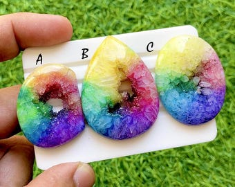 Rainbow Aura Druzy Agate Cabochon For Wire Wrap, Colorful Crystal Geode Gemstone, Titanium Druzy Cabochons for Jewelry Making - 36470-36472