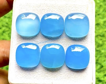 Blue Chalcedony 16 MM Cushion Shape Smooth Cabochon Gemstone 6 Pieces Lot, AAA+ Natural Chalcedony With Flat Back For Jewelry Making