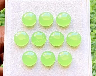 Prehnite Color Chalcedony 10 MM Round Shape Smooth Cabochon Gemstone 10 Pcs Lot, AAA+ Natural Chalcedony With Flat Back For Jewelry Making