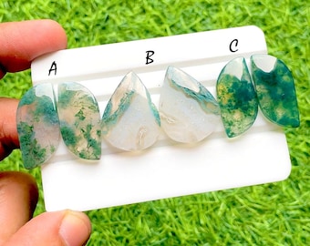 Moss Agate Pair Cabochon Loose Gemstone For Jewelry Making, AAA+ Natural Moss Agate Matching Pair Gemstone For Wire Wrap - 35067-35069
