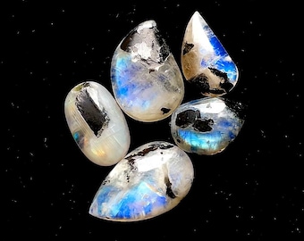 Rainbow Moonstone Cabochon With Black Tourmaline Dot 5 Pcs Lot | Size : 22-18 MM | AAA+ Natural Rainbow Moonstone For Jewelry Making - 37300