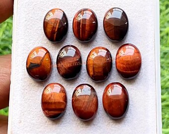 New Red Tiger's Eye 10x14 MM Oval Smooth Cabochon Gemstone 10 Pieces Lot For Jewelry Making, Tiger Eye With Flat Back For Handmade Jewelry