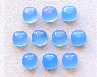 Blue Chalcedony 8 MM Cushion Shape Smooth Cabochon Gemstone 10 Pieces Lot, AAA+ Natural Chalcedony With Flat Back For Jewelry Making