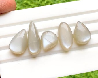 Grey Moonstone Cabochon Loose Gemstone 5 Pieces Lot | Size : 26-15 MM | AAA+ Natural Grey Moonstone For Handmade Jewelry And Wire Wrap 32891