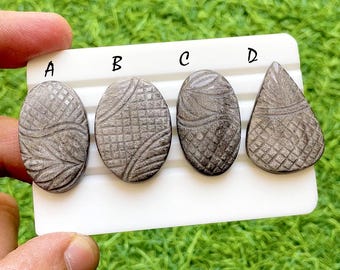 Hand Carved Silver Obsidian Loose Gemstone Cabochon, Mughal Art Carving Natural Gemstones, Carving Cabochon For Jewelry Making - 38277-38280