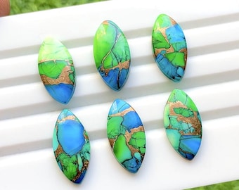 NEW Green Copper Turquoise 20x10 MM Marquise Shape Calibrated Smooth Cabochon With Flat Back Gemstone 6 Pieces Lot For Jewelry