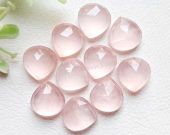 Lot de 10 pierres précieuses taillées en rose en forme de coeur en quartz rose | Taille : 10 MM | Quartz rose naturel AAA+ à dos plat utilisé pour la fabrication de bijoux