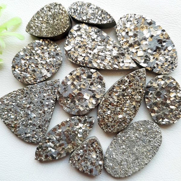 Pyrite Druzy Cabochon Loose Gemstone, Wholesale Lot Cabochon By Weight With Different Shapes and Size Cabochon Used For Jewelry Making