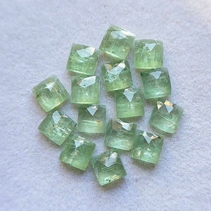 Op de afbeelding: Een verzameling van 14 vierkante cabochons van groene edelsteen. De stenen hebben een doorschijnende, licht troebele uitstraling met een lichtgroene tint.