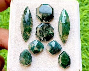 Moss Agate Fancy Cut Mix Shape With Flat Back Gemstone 8 Pieces Lot For Jewelry Making | Size : 28-12 MM | AAA+ Natural Moss Agate Lot 34568