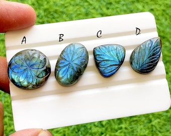 Hand Carved Blue Labradorite Loose Gemstone Cabochon, Mughal Art Carving Natural Gemstones, Carving Cabochon For Jewelry Making -38317-38320