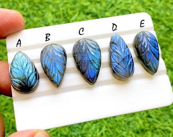 Hand Carved Blue Labradorite Loose Gemstone Cabochon, Mughal Art Carving Natural Gemstones, Carving Cabochon For Jewelry Making -38295-38299