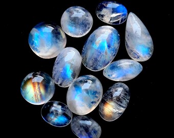Selected Rainbow Moonstone Cabochon Gemstone 12 Pieces Lot, AAA+ Rainbow Moonstone With Flat Back Gemstone Cabochon For Jewelry Making 18681