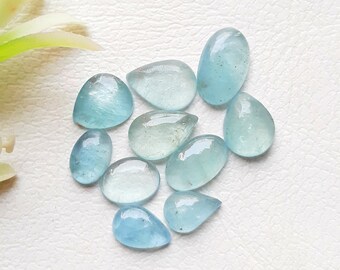 Aquamarine Cabochon Loose Gemstone 10 Pieces Lot For Jewelry Making | Size : 7-10 MM | Natural Aquamarine For Handmade Jewelry - 20083
