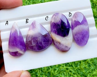 Royal Dream Chevron Amethyst Cabochon For Wire Wrap, Natural Purple & White Banded Teardrop Oval Gemstones for Jewelry Making - 35991-35994