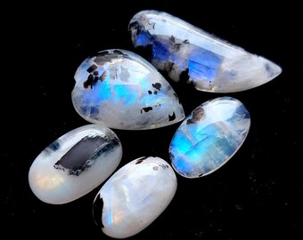 Rainbow Moonstone Cabochon With Black Tourmaline Dot 5 Pcs Lot | Size : 17-32 MM | AAA+ Natural Rainbow Moonstone For Jewelry Making - 19208