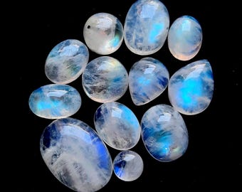 Selected Rainbow Moonstone Cabochon Gemstone 12 Pieces Lot, AAA+ Rainbow Moonstone With Flat Back Gemstone Cabochon For Jewelry Making 18687