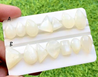 Moonveil Glow Moonstone Cabochon 7 Pieces Gemstone Lot For Jewelry Making, Milky White Mixed Shapes Cabochons For Rings - 35443-35444