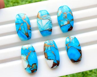NEW Blue Copper Turquoise 20x10 MM Cushion Shape Calibrated Smooth Cabochon With Flat Back Gemstone 6 Pieces Lot For Handmade Jewelry