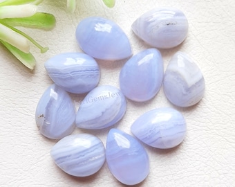 Natural Blue Lace Agate Calibrated 10X14 MM Pear Cabochon 10 Pieces Lot, AAA+ Blue Lace Agate With Flat Back For Handmade Jewelry