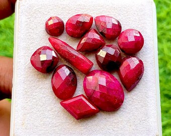 Natural Ruby Mix Shape Rose Cut Loose Gemstone 12 Pieces Lot | Size : 21-8 MM | AAA+ Ruby Briolette & Flat Back For Jewelry Making - 34483