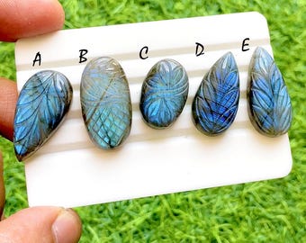 Hand Carved Blue Labradorite Loose Gemstone Cabochon, Mughal Art Carving Natural Gemstones, Carving Cabochon For Jewelry Making -38308-38312