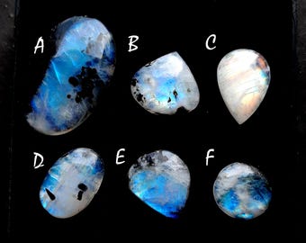 Rainbow Moonstone Cabochon With Black Tourmaline Dot For Jewelry Making, AAA+ Natural Rainbow Moonstone Cabochon For Wire Wrap - 35001-35006