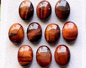 RARE Red Tiger's Eye 10x14 MM Oval Smooth Cabochon Gemstone 10 Pieces Lot For Jewelry Making, Tiger Eye With Flat Back For Handmade Jewelry