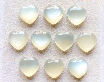 White Moonstone 10 MM Heart Shape Smooth Cabochon Gemstone 10 Pieces Lot, AAA+ Natural White Moonstone With Flat Back For Jewelry Making