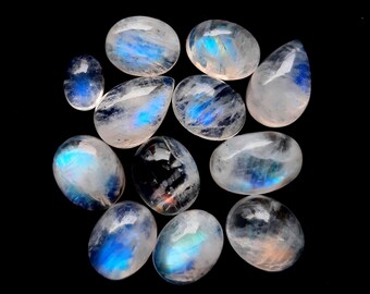 Selected Rainbow Moonstone Cabochon 12 Pieces Lot For Jewelry Making | Size : 7-12 MM | AAA+ Natural Rainbow Moonstone With Flatback - 28793