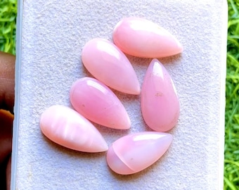 Pink Opal 10x20 MM Pear Shape Calibrated Smooth Cabochon With Flat Back Gemstone 6 Pieces Lot For Handmade Jewelry, AAA+ Pink Opal Stone