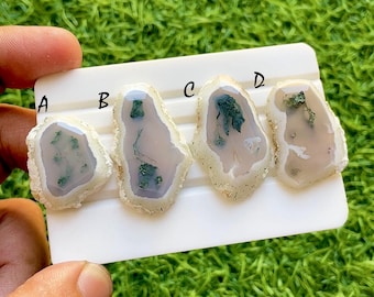 Forest Veil Moss Agate Slice Loose Cabochon, Natural Raw Edge Green Inclusion Stone, Organic Designer Gemstone For Jewelry - 37448-374451