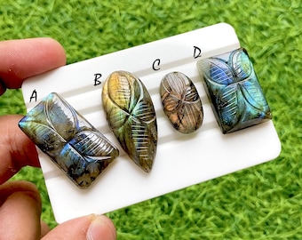 Mystic Forest Labradorite Carved Leaf Cabochon For Wire Wrap, Flashy Blue Fire Hand Carved Gemstones For Designer Jewelry - 36956-36959