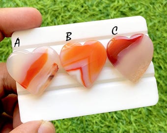 Orange Banded Agate Heart Cabochon For Wire Wrap, Striped Carnelian Agate Loose Gemstones, Polished Heart Stones For Jewelry - 36447-36449