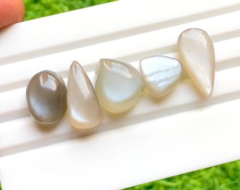 Grey Moonstone Cabochon Loose Gemstone 5 Pieces Lot | Size : 21-12 MM | AAA+ Natural Grey Moonstone For Handmade Jewelry And Wire Wrap 32895