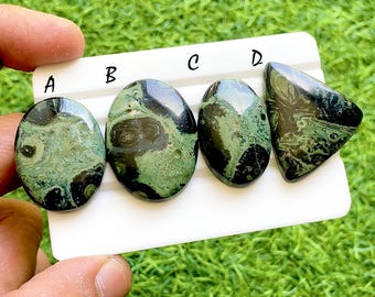 Ancient Earth Kambaba Jasper Cabochon For Wire Wrap, Rare Orb Pattern Green Stone, Jungle Stone Designer Jewelry Gemstones - 37954-37957