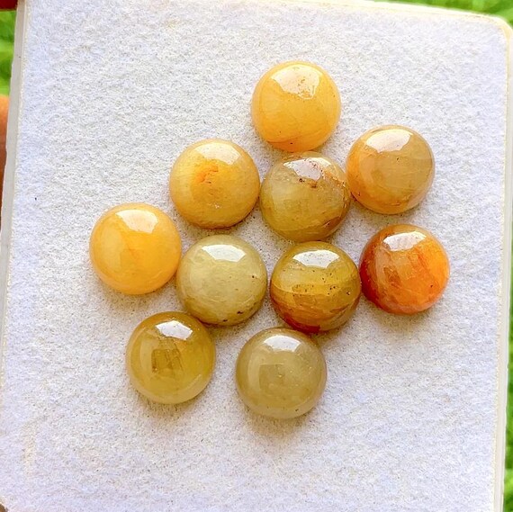 Natural Yellow Sapphire 10 MM Round Shape Smooth Cabochon Gemstone 10 Pieces Lot, AAA+ Yellow Sapphire With Flat Back For Handmade Jewelry